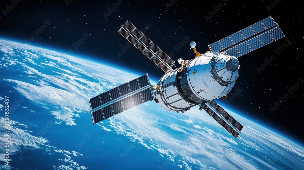 Poster advanced spacecraft orbiting earth with beautiful view of planet and stardust in background
