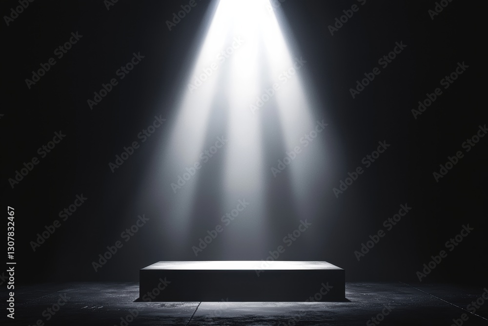 Aufkleber Spotlights illuminating empty stage with platform in dark room