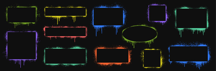Grunge graffiti borders with wet splatters, paint drips, and ink spray texture. Urban street art geometric frames, blank callouts, and text boxes. Vector illustration of dirty, rectangular punk grafit
