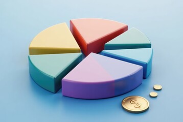 Obraz premium Colorful 3D Pie Chart with Segments and Coins Representing Financial Data Analysis 
