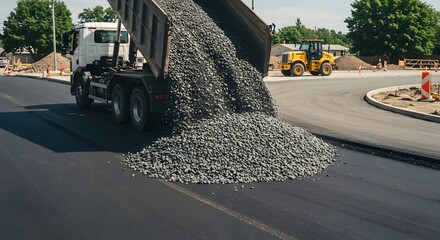 A dump truck unloading gravel onto a construction road. Construction Equipment and Machinery