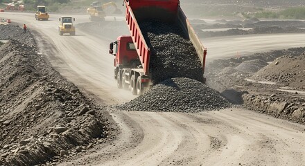 A dump truck unloading gravel onto a construction road. Construction Equipment and Machinery