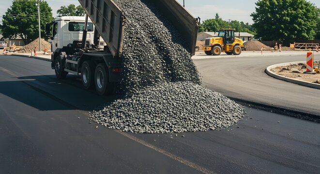 A dump truck unloading gravel onto a construction road. Construction Equipment and Machinery