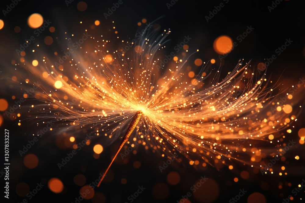 Poster glowing dandelion seedhead explodes with golden sparks against a dark, bokeh background.