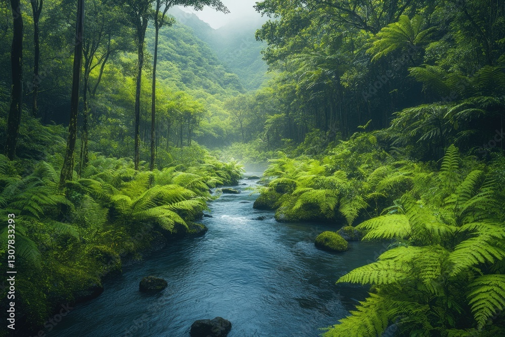 Poster serene stream flows through lush green rainforest, ferns lining its banks, creating a tranquil and e