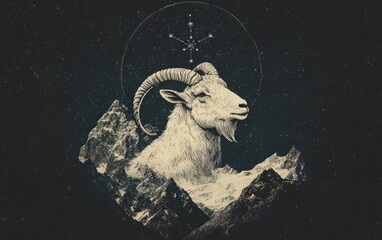 Celestial Capricorn A majestic mountain goat amidst stars and snowy peaks.