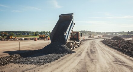 A dump truck unloading gravel onto a construction road. Construction Equipment and Machinery