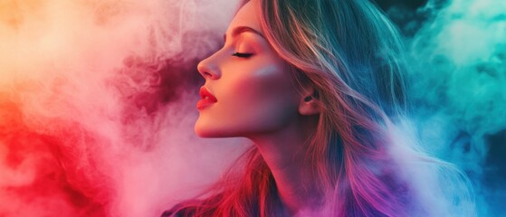 Fototapeta premium Caucasian woman with closed eyes in colorful smoke, profile portrait with vibrant lighting Concept of beauty, relaxation, and artistic expression