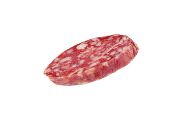 Piece of delicious smoked sausage isolated on white