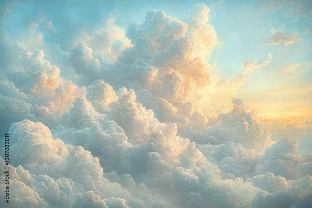 Poster a breathtaking view of fluffy clouds illuminated by the warm glow of a setting sun, creating a seren