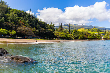 Haleakala and Hana Town Across Hana Bay, Hana, Maui, Hawaii, USA