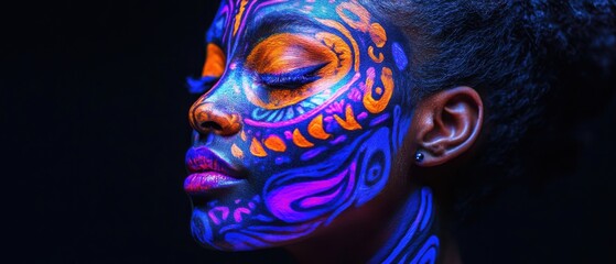 Naklejka premium African American woman with vibrant neon face paint in a dark studio, showcasing creative makeup and artistic expression Concept of beauty, art, and body paint