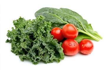 Fresh kale, spinach, and ripe tomatoes arranged together, showcasing vibrant colors and healthy ingredients.