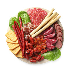 Different smoked sausages and other snacks isolated on white, top view