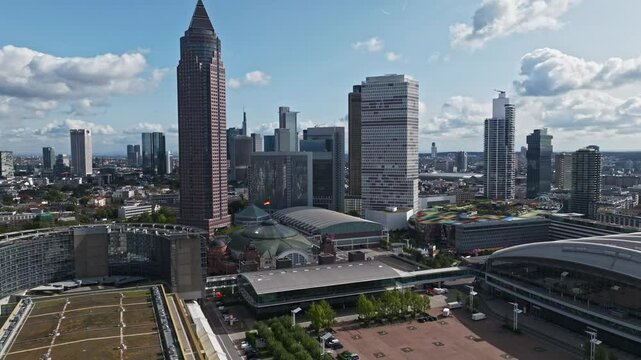 Aerial Drone View of Messe Frankfurt Exhibition Center in Frankfurt, Germany &ndash; Expansive Trade Fair Complex with Modern Architecture .