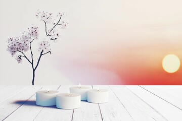 Serene spa space with gentle candles and fragrant oils, exuding tranquility and wellness, encouraging peace and revitalization.