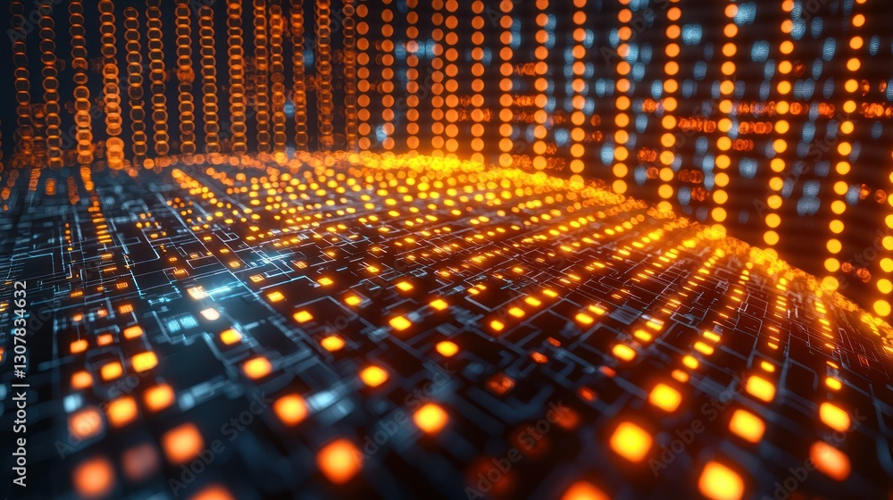 Poster abstract glowing orange and blue lights on grid background with bokeh effect