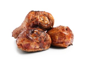 Delicious baked turkey drumsticks isolated on white