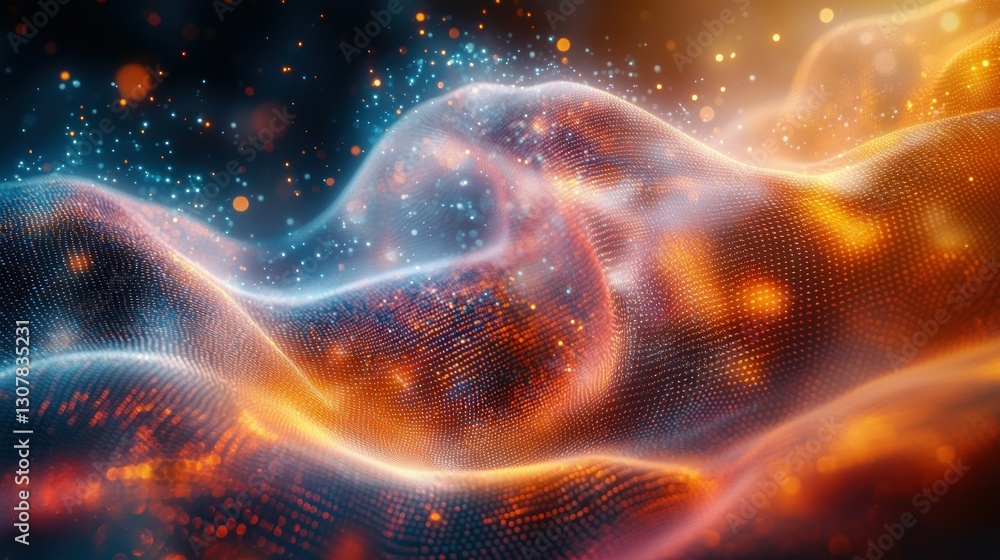 Poster abstract glowing waves flow in dark space with scattered light particles background