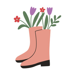 Pink boots with spring flowers isolated on white background. Concept of springtime and gardening