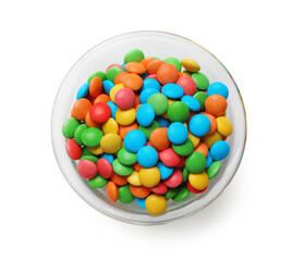 Many different tasty candies in bowl isolated on white, top view