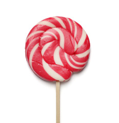 Tasty striped lollipop isolated on white, top view