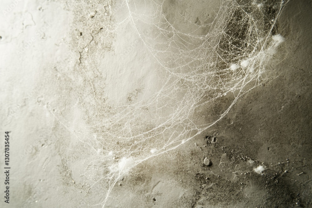 Poster a large spiderweb stretches across a textured, dusty surface, creating a detailed, intricate pattern