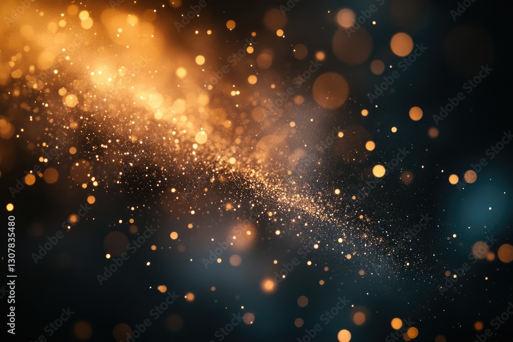 Poster golden glitter particles and bokeh lights on dark background, creating a magical, sparkling effect.