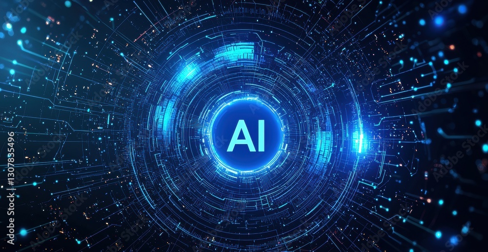 Poster Artificial intelligence glowing in futuristic digital interface with data moving fast