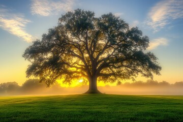 Obraz premium Majestic oak tree silhouetted against a vibrant sunrise in a misty field.