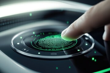A finger scans a futuristic fingerprint sensor, showcasing advanced biometric authentication technology.