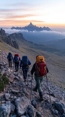 Fototapeta premium Determined climbers ascend the slopes of Mount Kilimanjaro, showcasing the challenge and beauty of Africa's iconic summit. 