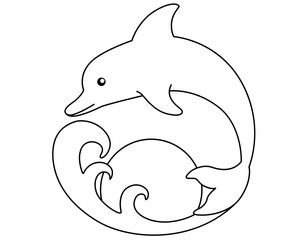 Dolphin jumps out of the sea against the background of the wave and the setting sun - vector linear illustration for coloring. Outline. A bottlenose dolphin dives into an ocean wave at dawn.	