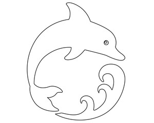 Dolphin jumping over a wave - vector line art picture for coloring with editable outline. Outline. Dolphin - marine mammal editable line.
