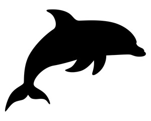 Marine mammal dolphin. Funny cute dolphin jumps out of the water. Silhouette vector card for logo or sign.	