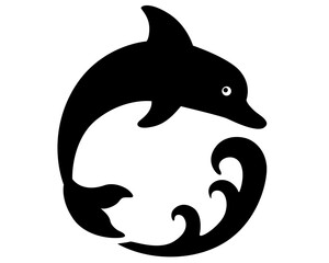 Bottlenose Dolphin Dives Into the Sea Wave - vector stylized silhouette illustration for logo or pictogram. Jumping Dolphin and wave - a sign or symbol for identity.