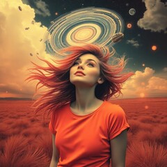 Woman with flowing hair gazes at swirling planets in a cosmic landscape during a vibrant sunset
