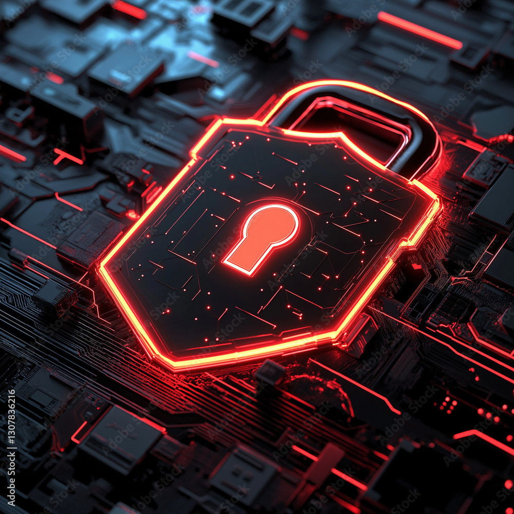 Aufkleber cybersecurity shield: neon glowing lock in dark mode protecting data. digital security concept. safe