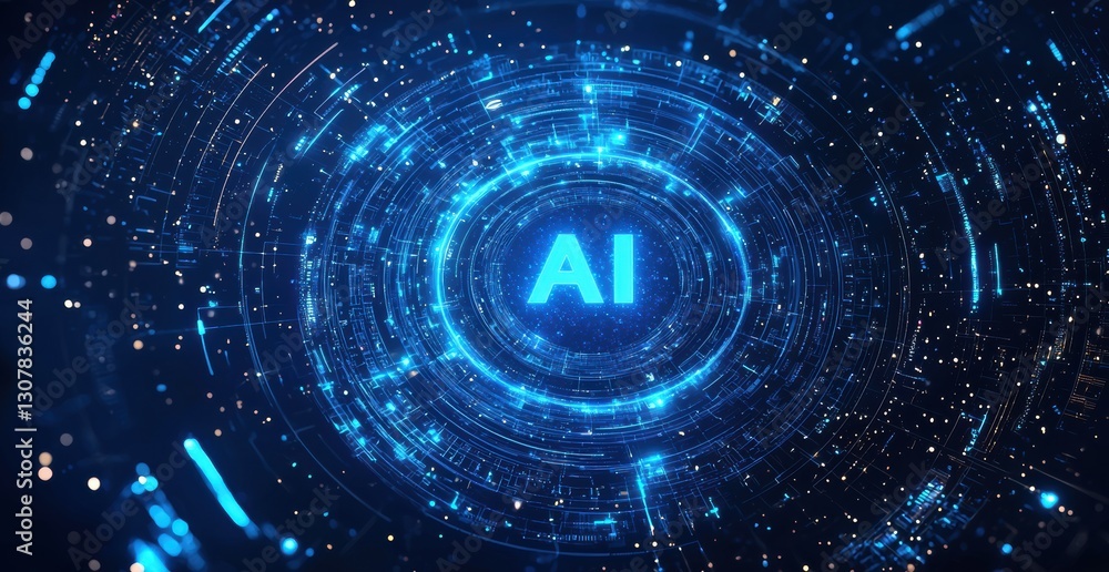 Poster artificial intelligence glowing in futuristic digital circle with blue background