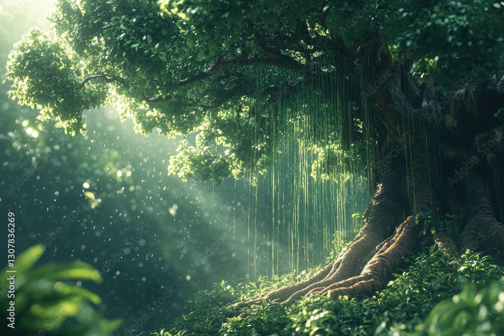 Aufkleber sunlight filters through lush foliage, illuminating a majestic ancient tree with exposed roots and h
