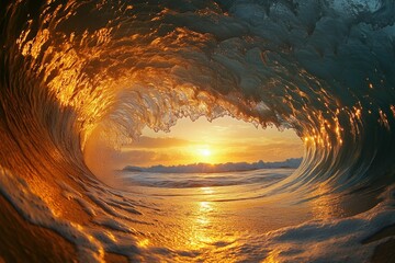 Golden sunrise seen through a translucent ocean wave, a breathtaking spectacle of nature.