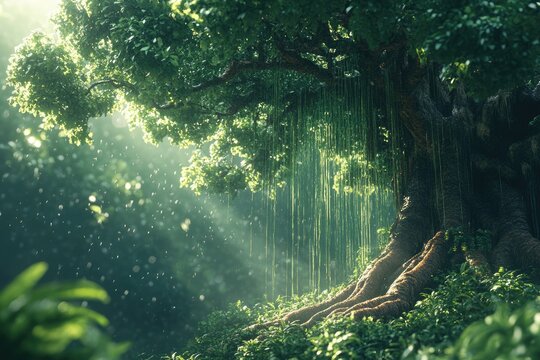 Sunlight filters through lush foliage, illuminating a majestic ancient tree with exposed roots and hanging vines in a mystical forest.