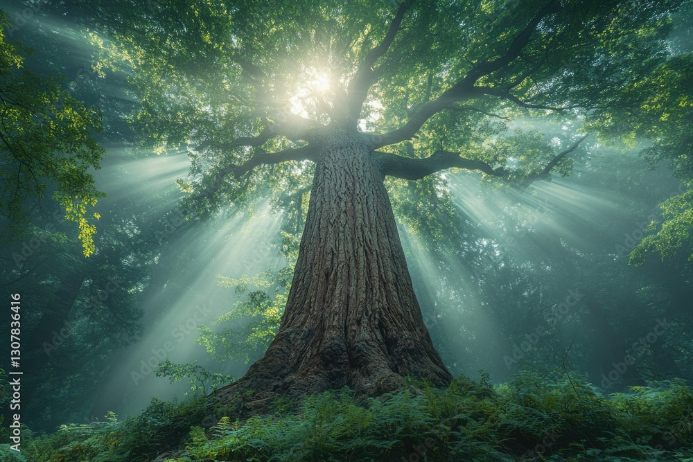 Poster majestic ancient tree in misty forest bathed in sunlight, creating a serene and magical atmosphere.