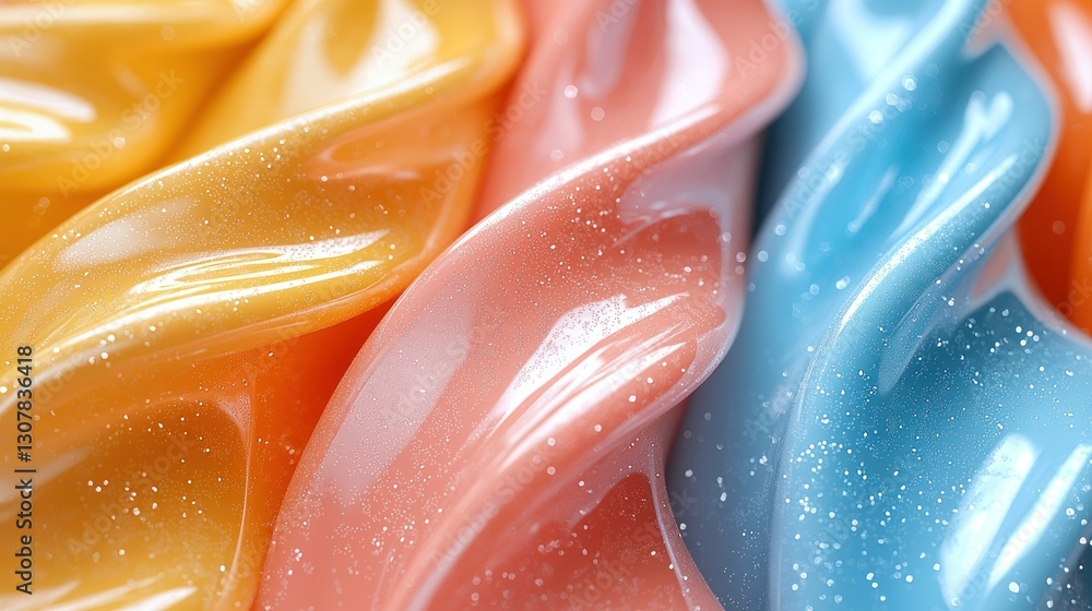 Poster abstract macro intertwined shiny colorful ribbons with sparkles, plain background