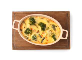 Delicious vegetable casserole isolated on white, top view