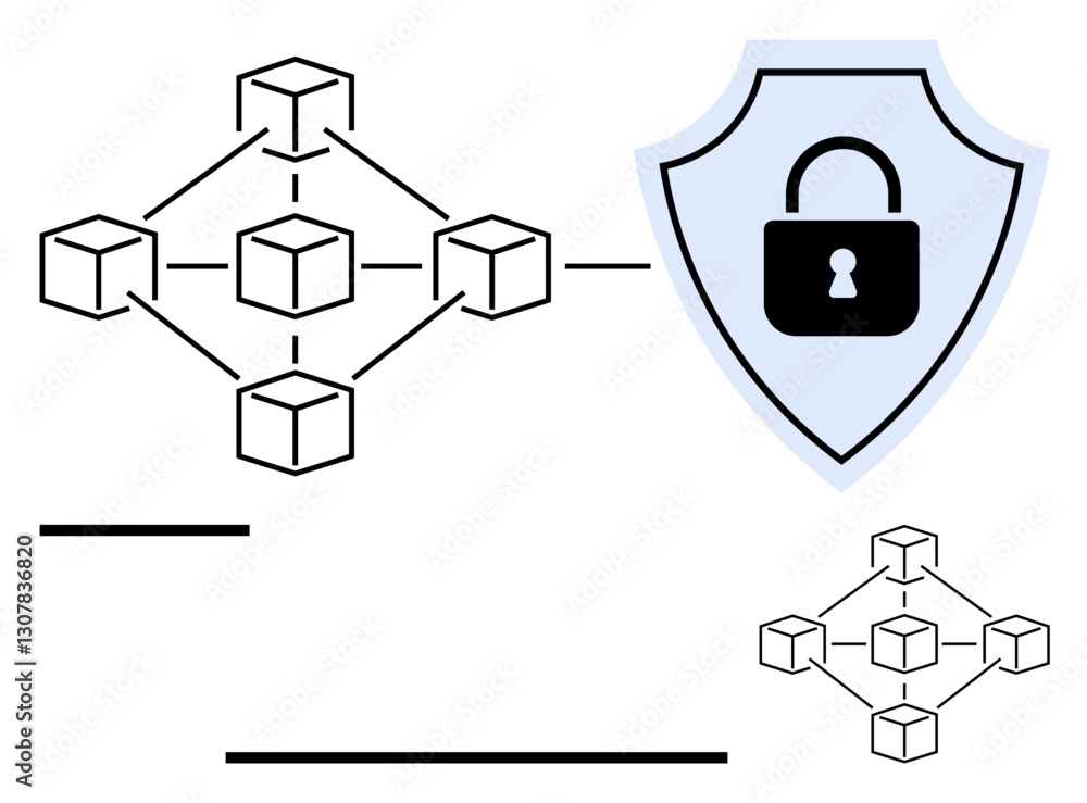 Poster interconnected blocks signify blockchain with a shield and lock symbolizing cybersecurity, decentral