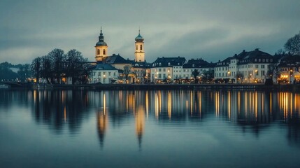 Fototapeta premium European town riverside at twilight, reflections, historic buildings