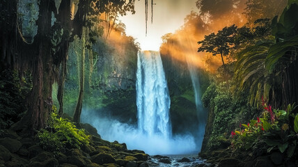 Fairytale forest landscape with multiple waterfalls, lush greenery, flowers near water and soft sunlight streaming through trees