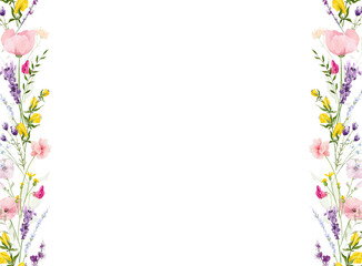 Watercolor floral seamless vertical border frame. Diverse meadow pastel pink, peach, blue, yellow, violet flowers, green branches. Hand drawn style illustration. Artistic template design.