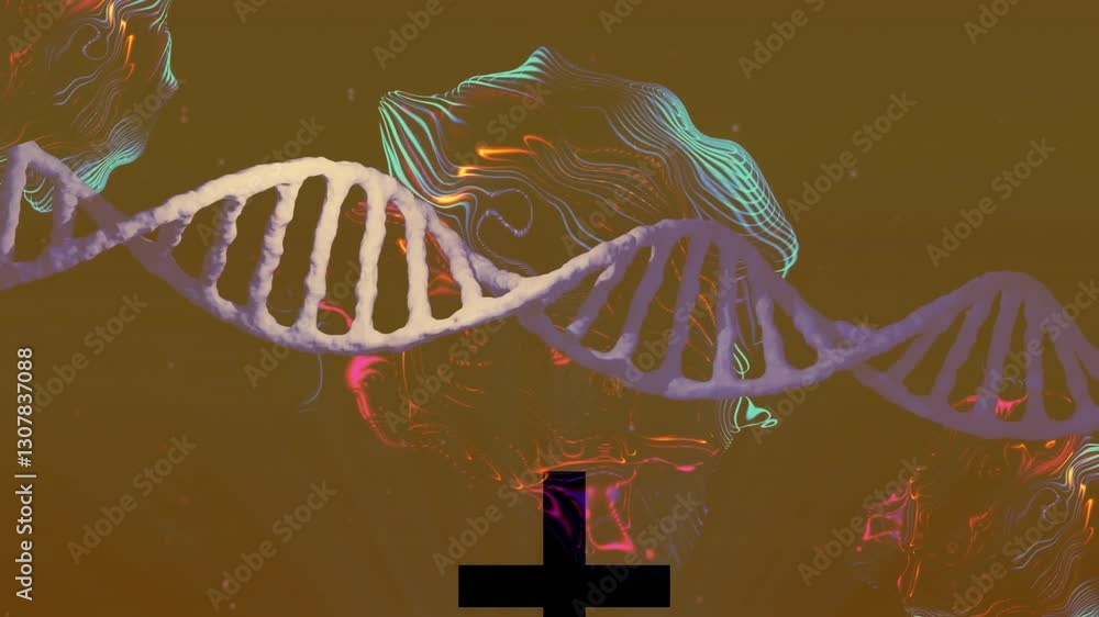 Poster animation of dna strand with colorful patterns and plus sign on brown background